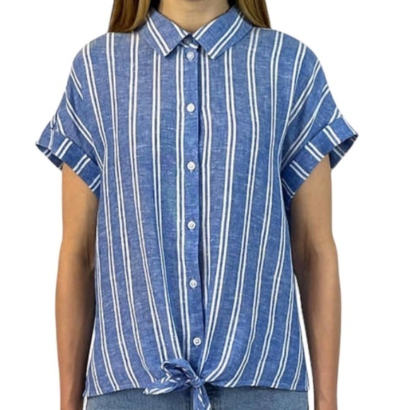 JACHS Girlfriend Blue White Striped Linen Blend Tie Front Shirt Medium - Picture 1 of 11
